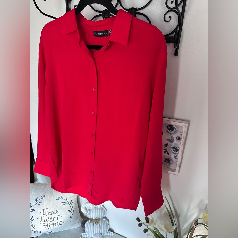 Rafaella Vibrant Red Long Sleeve Button Up Blouse NWT $69 MSRP